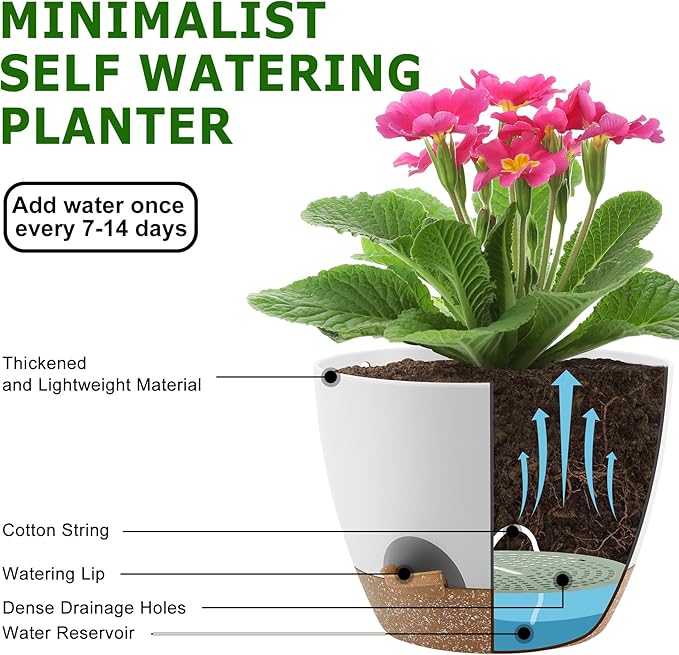 Plant Pots 10/9/8/7.5/7 Inch Self Watering Pots, Set of 5 Plastic Planters with Drainage Holes and Saucers,Plastic Flower Pots,Nursery Planting Pot for Indoor Out Door Plants（White）