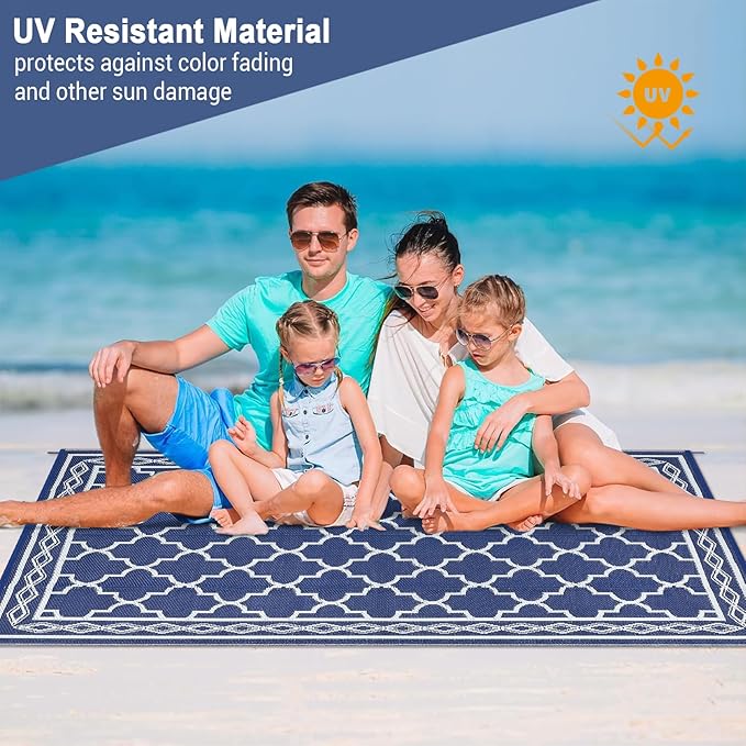 GAOMON Outdoor Rug Waterproof 8'x10', Reversible Outdoor Plastic Straw Rug, Boho Patio Rug, Indoor Outdoor Carpet, RV Mat Outside for Patio, Camp, Picnic, Balcony, Deck, Navy/White(Geometric)
