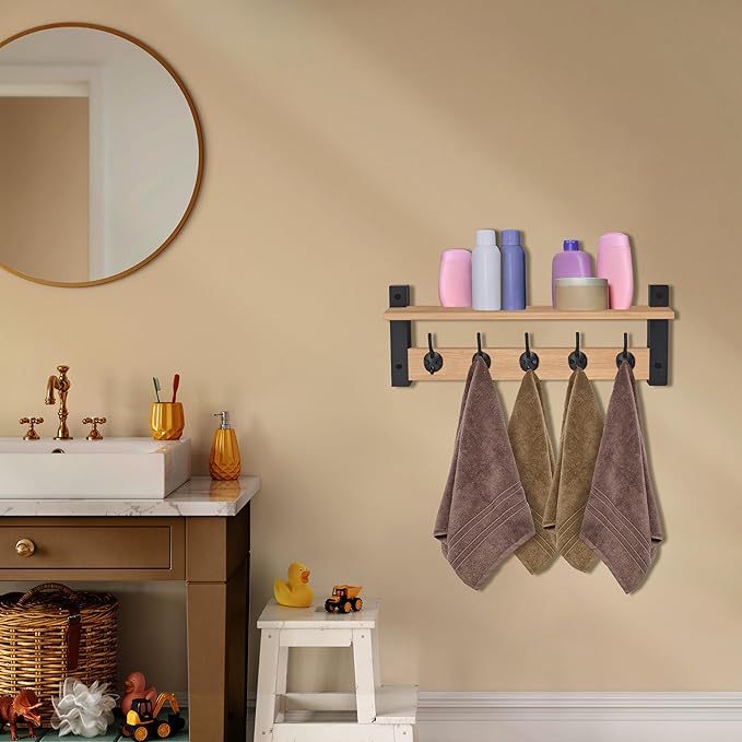 Sorbus Coat Hooks Wall Mount with Shelf – 24 Inch Coat Rack Wall Mount with 5 Heavy Duty Hooks – Floating Wall Shelf with Hooks for Entryway, Bathroom, Bedroom, Kitchen, or Mudroom (Maple Wood)