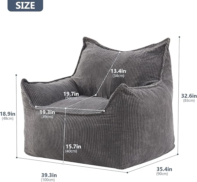 Giant Bean Bag Chair Sofa for Adults Teens, Comfy Corduroy Large Bean Bag Chairs with Armrests for Bedroom Living Room, Adult BeanBag Lazy Sofa Couch Chairs with Filler Included