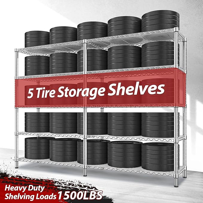 REIBII 1500LBS Storage Shelves 61.7''W Wire Shelving Unit 5 Tier Metal Shelving for Storage Rack Shelves Heavy Duty Garage Shelf Pantry Shelves Kitchen Shelving, 61.7" W*72.4" H*15.8" D, Chrome