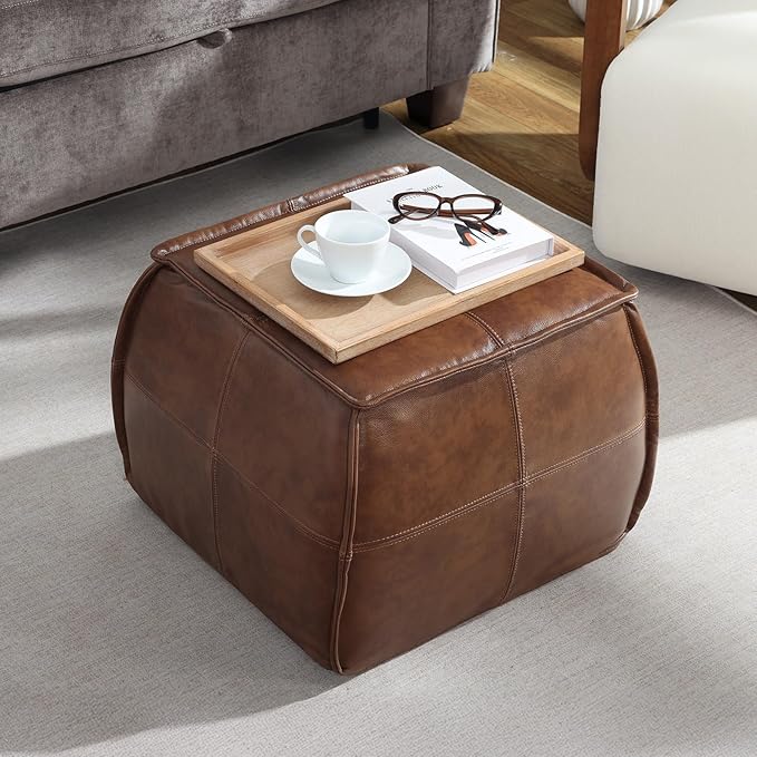 Leather Ottoman,Handmade Stuffed Square Ottoman,Genuine Leather Pouf, Foot Rest Pouf,Comfortable Soft Seating for Living Room & Bedroom (Brown, Square)