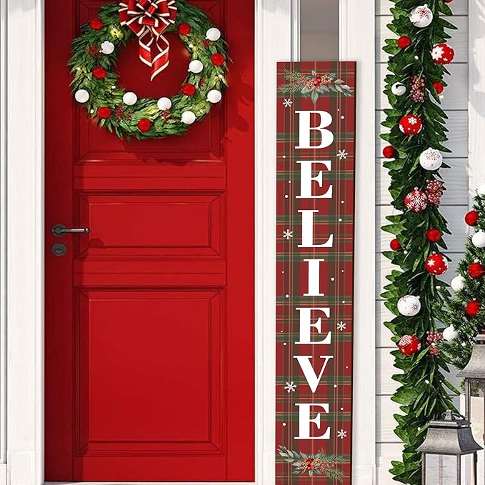 Winter Believe Porch Board Welcome Sign for Front Buffalo Plaid Door Porch Deck Patio or Wall - Indoor Outdoor Decorative Farmhouse Rustic Vertical Porch and Yard Decor - 47.2"H