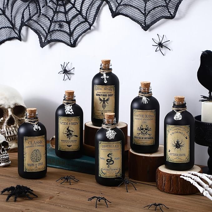 Uiifan 31 Pcs Halloween Potion Bottles Set Including Glass Apothecary Bottles with Cork Stickers and Pendants Halloween Decorations Indoor Party Supplies (Black,8.5 oz)