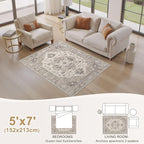 Washable Area Rugs for Living Room - 5x7 Neutral Vintage Distressed Floral Farmhouse Boho Large Soft Floor Rug Indoor Non Slip Carpet for Living Room Bedroom Dining Room Office -Brown/Beige