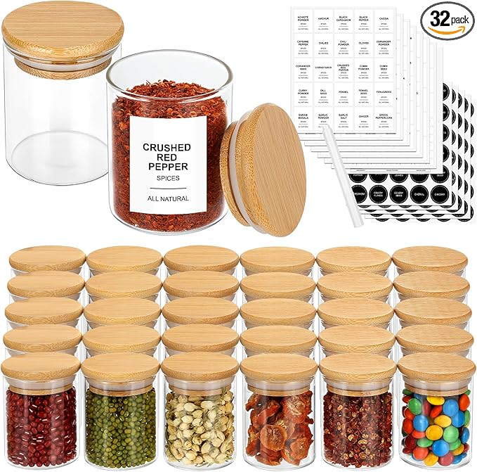 4OZ Glass Spice Jars with Bamboo Lids and 315 Labels, 32 Pcs Clear Food Storage Containers for Kitchen Sugar Salt Coffee Tea Beans