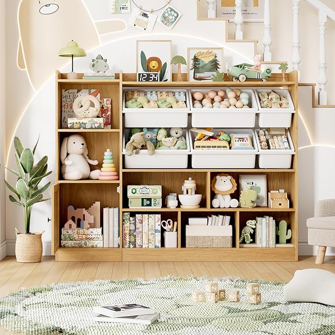 Toy Storage Organizer, 55” Wide Toy Organizers and Storage with 8 Storage Cubbies & 6 Toy Bins, Large Toy Box with Bookshelf, Playroom Storage for Playroom, Oak