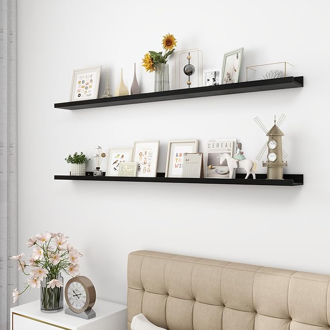 Picture Ledge Shelf, Wood Long Floating Shelves for Wall, Set of 2, 56 inch Picture Ledge Shelves, Photo Ledge Nursery Book Shelves Wall Mounted for Living Room Kids' Room Bedroom, Color Black