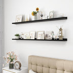 Picture Ledge Shelf, Wood Long Floating Shelves for Wall, Set of 2, 56 inch Picture Ledge Shelves, Photo Ledge Nursery Book Shelves Wall Mounted for Living Room Kids' Room Bedroom, Color Black