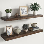 RICHFOCUS Elm Floating Shelves for Wall - 36" W x 9.3" D Rustic Solid Wood Shelves with Invisible Bracket, Wall-Mounted for Living Room, Bedroom, Kitchen Storage & Display, Set of 2, Walnut