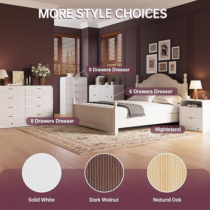 FURSUN 24" Fluted Nightstand Set of 2 with Charging Station, Wooden End Table with 2 Drawers Storage, Curved Profile Design, Modern Bedside Cabinet for Bedroom Living Room, White