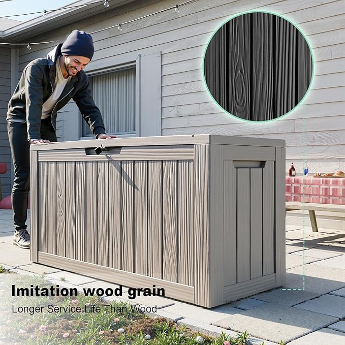 87 Gallon Deck Box Large Outdoor Storage for Patio Furniture,Outdoor Cushions,Garden Tools and Pool Supplies,Waterproof,Resin,Lockable(Grey)