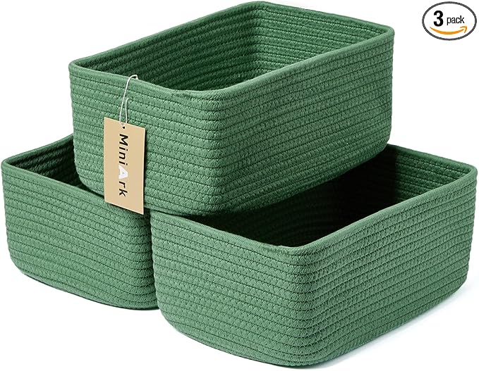 Small Storage Baskets for Organizing | Closet Organizer Bins | Shelf Toy Basket | Woven Rope Baskets | Cube Decorative Box | Shallow Basket | 11.5x7.5x4.7” | 3 Packs Green