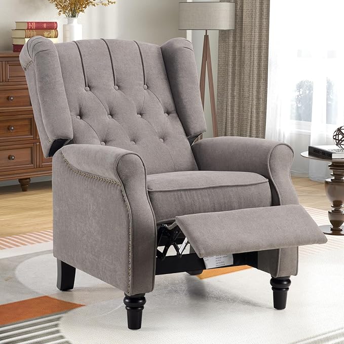 CANMOV Push Back Recliner Chair Set of 2, Modern Fabric Wingback Recliner Chair, Comfy Armchair Single Sofa Accent Chair with Padded Seat and Nailhead Trim, Tufted, Grey