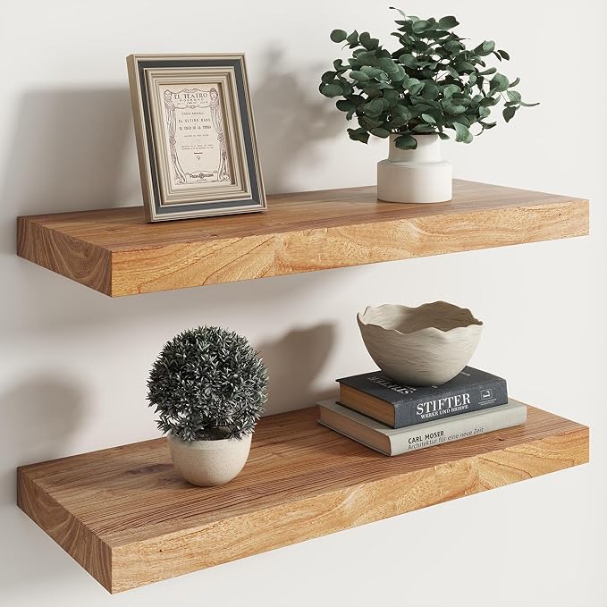 RICHFOCUS Elm Floating Shelves for Wall - 24" W x 9.3" D Rustic Solid Wood Shelves with Invisible Bracket, Wall-Mounted for Living Room, Bedroom, Kitchen Storage & Display, Set of 2, Natural