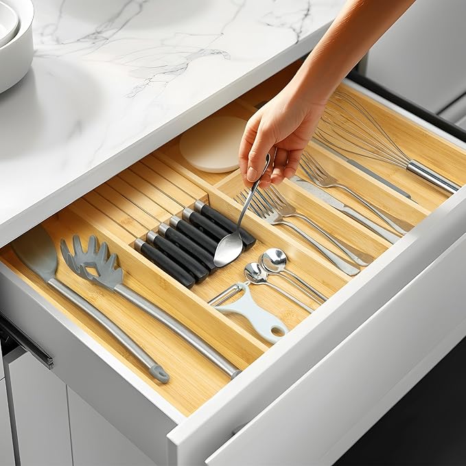 VaeFae Bamboo Kitchen Drawer Organizer, Wooden Utensil Tray with Multiple Compartments, Cutlery and Silverware Storage