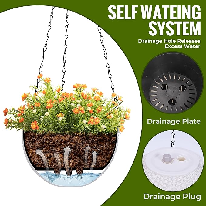 Hanging Pots for Plants Outdoor - 2 Pack White Artificial Rattan Solar Flower Baskets with Drainage Holes & Removable Tray, Garden Gifts for Women/Mothers, Porch, Balcony Decor