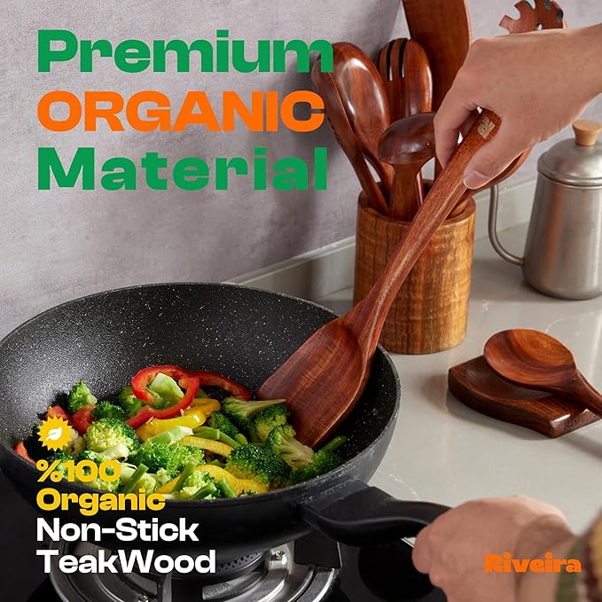 Riveira Dark Teak Kitchen Utensils Set - 12-Piece Non-Toxic Cooking Utensils Set - Wooden Spoons for Cooking - Spatula for Cooking - Teak Wooden Utensils