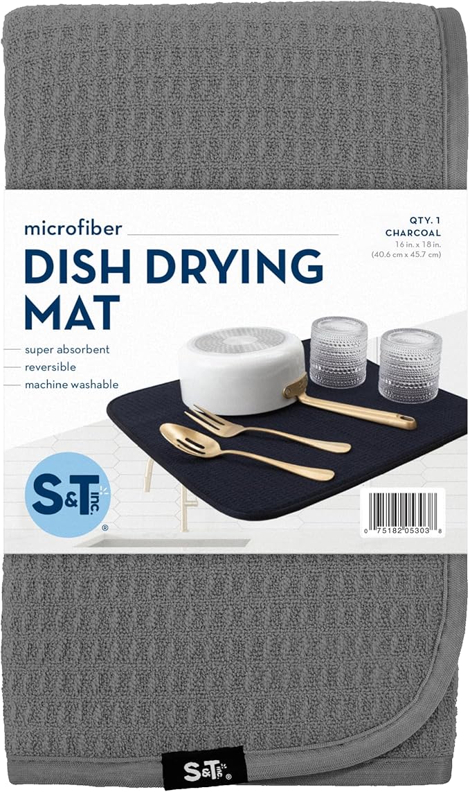 S&T INC. Dish Drying Mat, 16” x 18”, Absorbent Microfiber Kitchen Counter Mat, Dish Drying Pad for Dishes, Utensils, Pots and Pans, Large, Charcoal