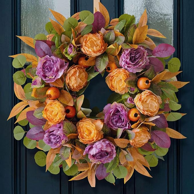 24 Inch Fall Wreath for Front Door - Autumn Wreath with Peony, Maple Leaves, Berries - Farmhouse Thanksgiving Halloween Decor for Porch, Front Door, Indoors & Outdoors - Rustic Harvest Home Decor