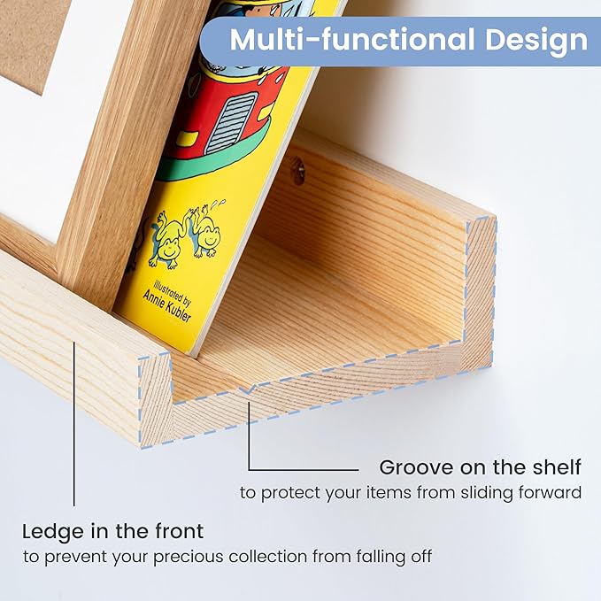 Picture Ledge Shelf for Wall, 24 inch Solid Pine Wood Nursery Book Shelves 2 Packs, Floating Ledge Shelves for Kids' Room Bedroom Bathroom Living Room Photo Frames Office Nursey Wall Decor, Natural