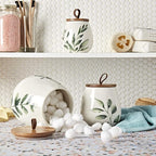 TTU Tabletops Gallery Ceramic Canister Collection- Stoneware Designed Kitchen Storage Acacia Wood White Set, 3 Piece Green Leaf Canister Set