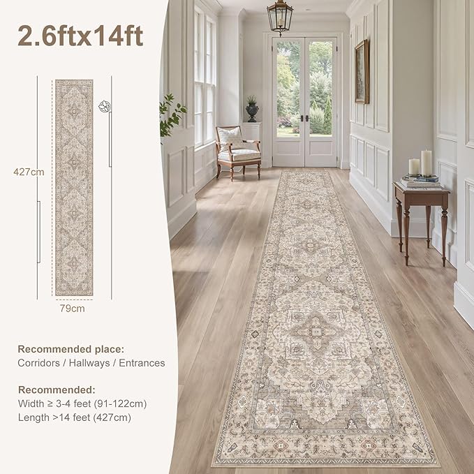 Washable 2.6x14 Runner Rug - Area Rugs Neutral Vintage Distressed Floral Farmhouse Boho Large Soft Floor Rug Indoor Carpet for Hallway Entryway Home - Brown/Multi