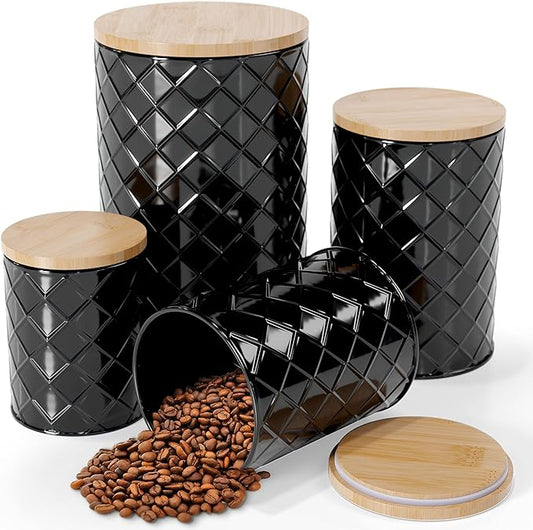 Pebble & Stem® Black Metal Canister Set for the Kitchen Counter, Food Canister Set of 4, Airtight Lids, Sugar and Flour Containers for Countertops, Coffee and Tea Storage, Farmhouse Decor