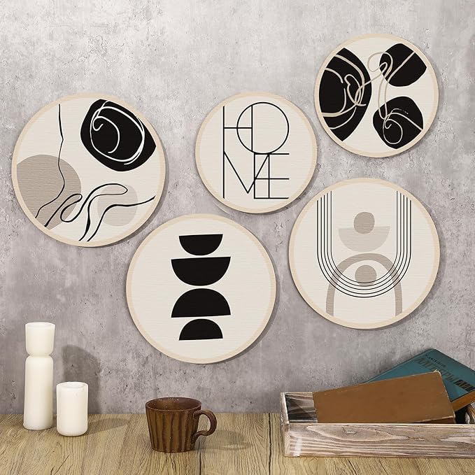 Qunclay 5 Pcs Wall Art Decor Wooden Living Room Wall Decor Bohemian Hanging Farmhouse Geometric 10'' and 8'' Aesthetic Wood Minimalist Posters for Bedroom(Classic)