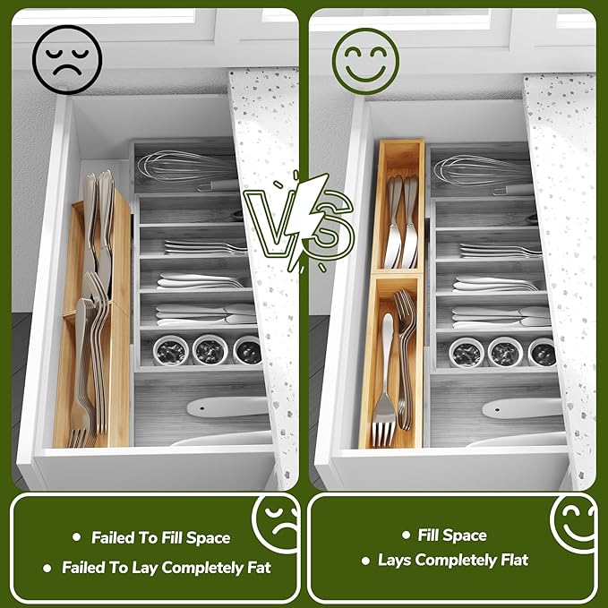 BAMEOS Kitchen Drawer Organizer,Small Silverware Drawer Organizer,Bamboo Utensil Organizer for Bathroom, Dressing Room, Office, Pantry (Natural, 11"x 3") Set of 2