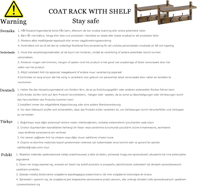 Coat Rack with Shelf Wall Mount, Entryway Bamboo Hanging Shelf, Set of 2, Wall Hook Rail for Hallway Décor, Storage Clothe, Hat, Robe, Key, Dog Leash (Walnut)