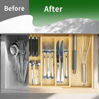 VaeFae Bamboo Kitchen Drawer Organizer, Wooden Utensil Tray with Multiple Compartments, Cutlery and Silverware Storage