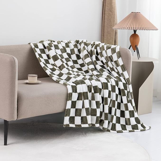 LOMAO Throw Blankets Flannel Blanket with Checkerboard Grid Pattern Soft Throw Blanket for Couch, Bed, Sofa Luxurious Warm and Cozy for All Seasons (Dark Olive, 90"x90")
