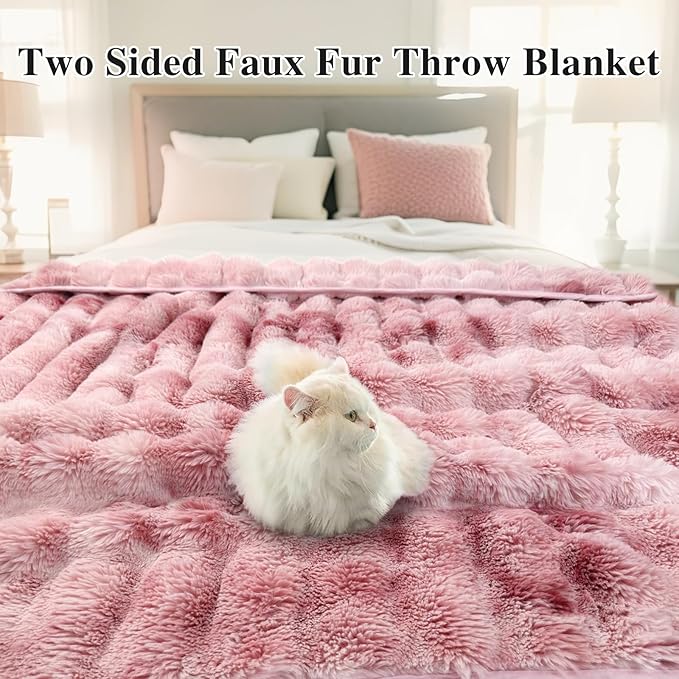 Bcareself Faux Fur Blanket Two Sided Ultra Soft Fluffy Reversible Fuzzy Throw Blanket for Women Men Double Sided Ombre Faux Luxe Faux Fur Thick Minky Blanket for Couch Bed
