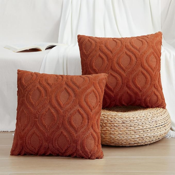 decorUhome Fall Throw Pillow Covers 22x22 Inch Set of 2, Soft Plush Decorative Faux Fur Rust Solid Couch Pillow Covers, Accent Farmhouse Neutral Square Euro Pillow Cases for Sofa Bed Living Room