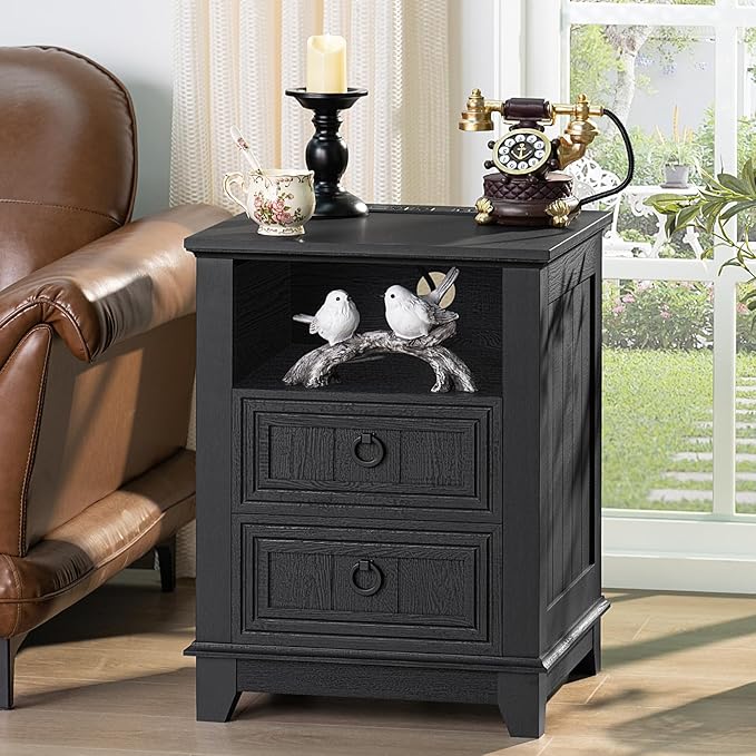 18" Night Stands Set of 2 with Charging Station, Farmhouse 2 Drawers End Table Dresser for Bedroom, Black Wooden Nightstand, Bed Side Table with Open Shelf, Bedside Cabinet for Living Room