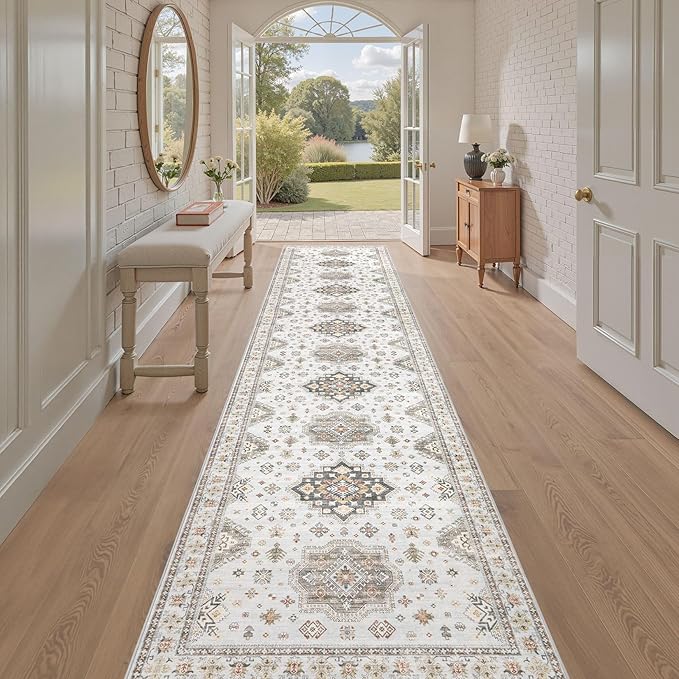 Washable 2.6x14 Runner Rug - Area Rugs Neutral Vintage Distressed Floral Farmhouse Boho Large Soft Floor Rug Indoor Carpet for Hallway Entryway Home - Blue Brown