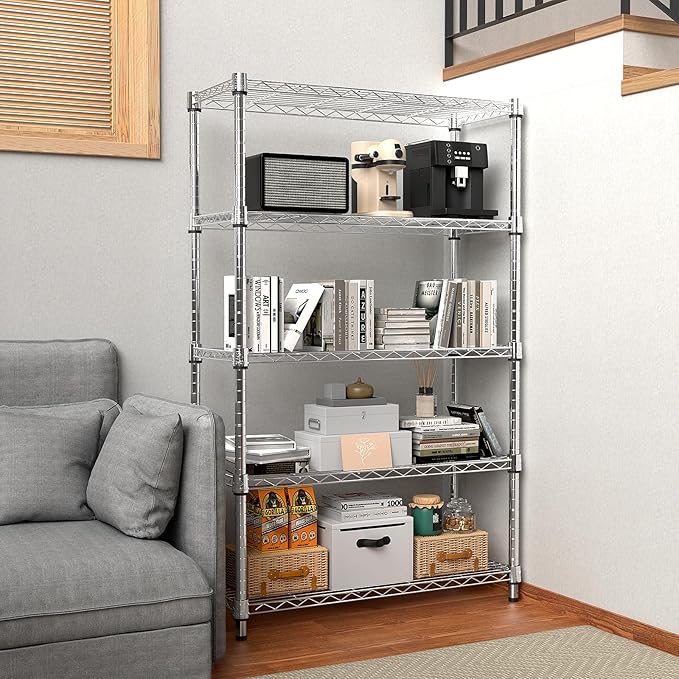 1250 lbs Steel Heavy Duty 5-Tier Utility Shelving Unit Steel Organizer Wire Rack for Home,Kitchen,Office,Chrome (13.7" D x 23.6" W x 62.4" H)