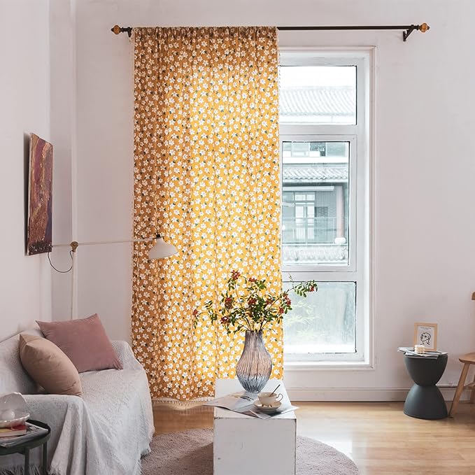 Sutuo Home Boho Curtain Semi-Blackout Yellow Florals Print Cotton Linen Fabric, Handmade Tassels Rod Pocket Bohemian Farmhouse Country Window Drapes for Living Bedroom, 59" W x 84" L, 1 Panel