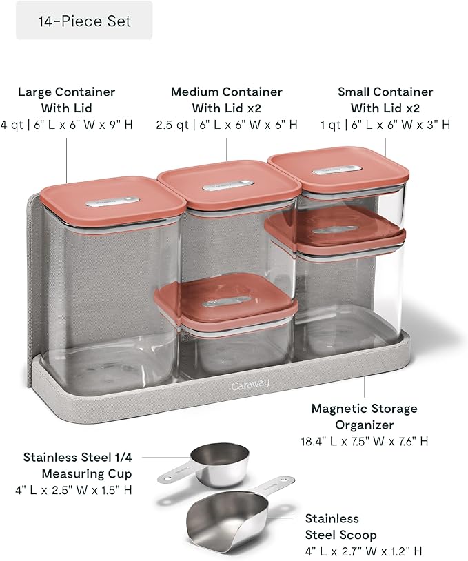 Caraway 14-Piece Glass Airtight Food Storage Containers with Lids – Non-Toxic, BPA-Free Kitchen Storage Containers – Stackable, Space-Saving Airtight Containers for Dry Goods and More - Perracotta
