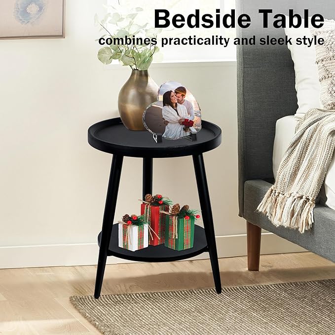 Small Round Side Table, 2-Tier Mid Century Modern Side Table, Round End Table Small Side Table for Living Room, Metal Frames, Black