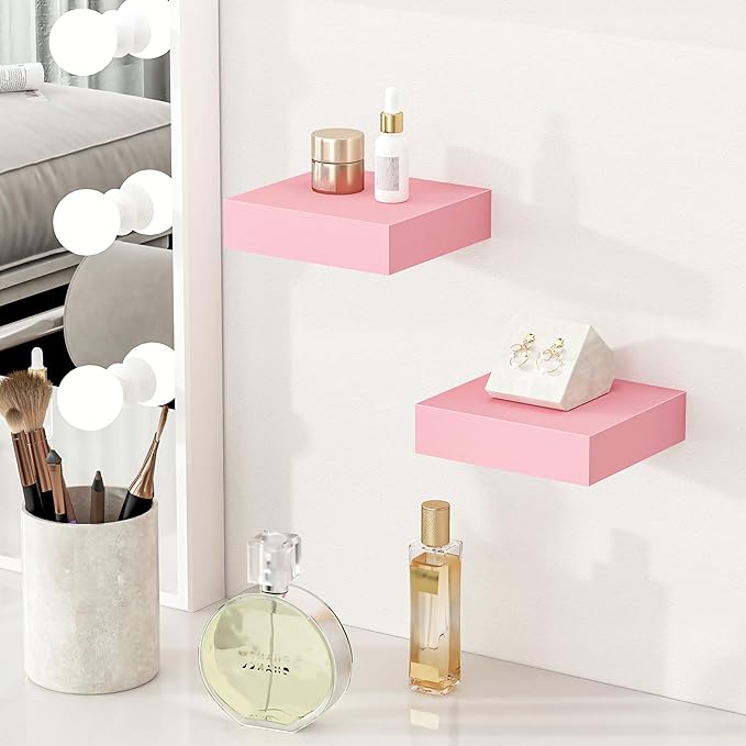 BAMEOS Pink Floating Shelves for Wall, 6" x 6" Wall Shelves for Room, Floating Book Shelves, Hanging Shelves for Bedroom, Bedroom, Living Room, Kitchen (Set of 2)