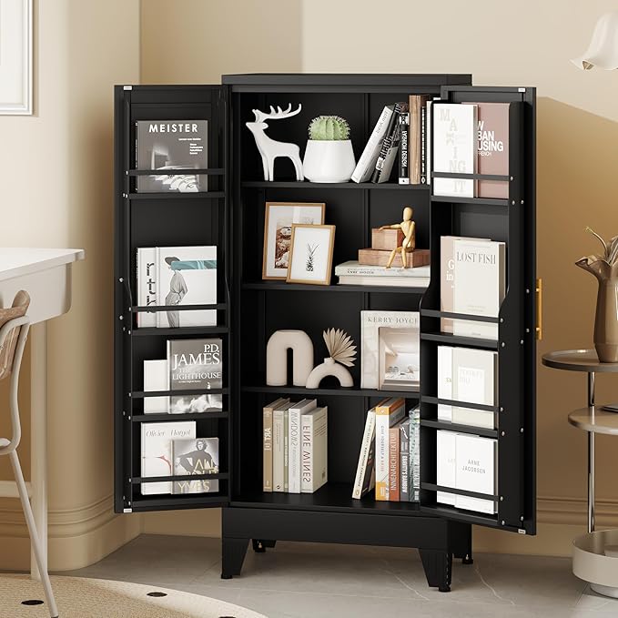 51" Kitchen Pantry Cabinet, Metal Storage Cabinet with 3 Adjustable Layer Shelves, 8 Door Shelves, Buffet Sideboard for Living Room, Kitchen, Black