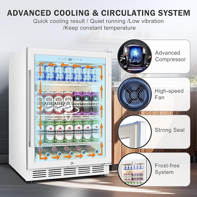 Beverage Refrigerator 24 Inch Drink Fridge, Beer Fridge, 150 Cans Beverage Cooler, Under Counter Refrigerator, Drink Cooler Undercounter Outdoor Refrigerators, Single Glass Door Bar Fridge