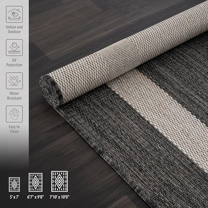 CAMILSON Outdoor Rug 8x10,Modern Outside Rugs for Patios Porches Waterproof Durable Washable Non-Shedding, Easy-to-Clean Indoor Outdoor Area Carpet (8 x 10, Bordered - Dark Gray/Light Gray)