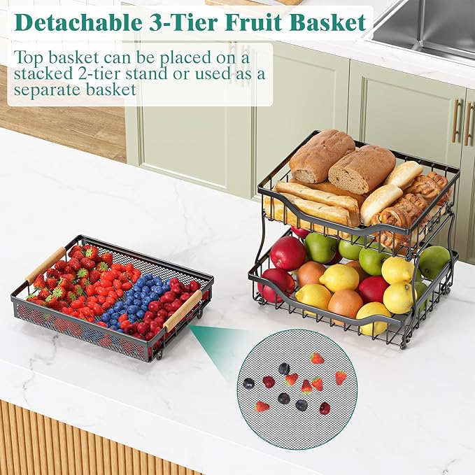 Giwil 3 Tier Countertop Fruit Mesh Basket for Kitchen, Vegetable Storage Bread Fruit Bowl Stand with 2 Banana Hooks, Wall Mounted Metal Wire Basket Organizer for Potato Onion, Black