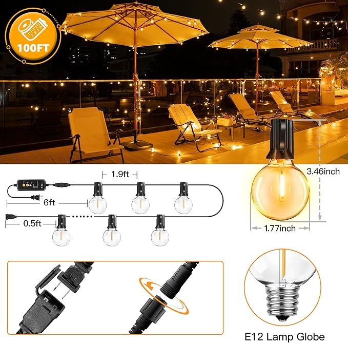 Outdoor Lights with Remote Dimmer, 50 + 3 Spare G40 LED Bulbs Plug in Connectable Patio Light, Waterproof Hanging Lights for Backyard Indoor Camping Balcony Yard Deck Decor (100 FT)