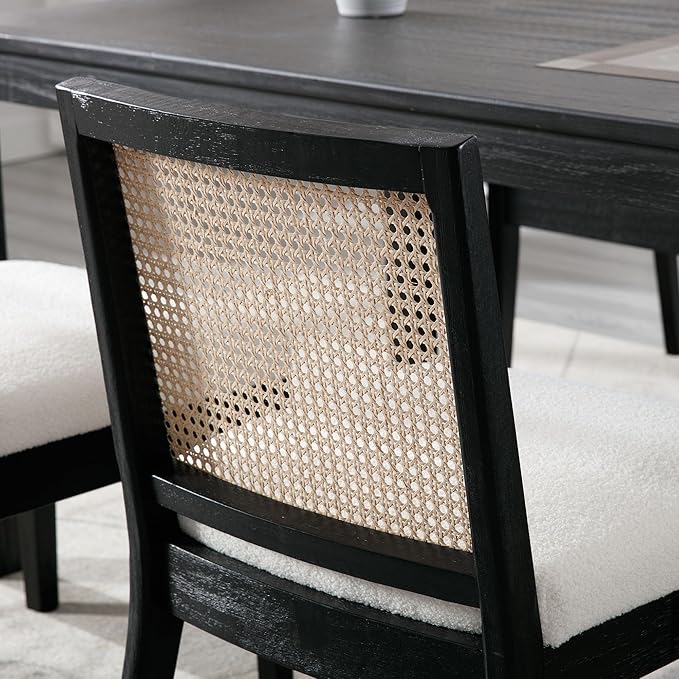 VESCASA Upholstered Dining Chairs with Square Rattan Back, Armless Padded Sherpa Fleece Cushion Dining Chairs with Wood Legs for Dining Room, Kitchen, Set of 4, Black Frame