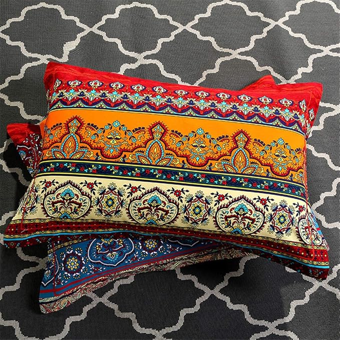 ABREEZE 3Pcs Bohemia Retro Bedding Ethnic Vintage Floral Duvet Cover Boho Bedding 100% Brushed Cotton Bedding Sets Damask Paisley Coloful Mandala Down Comforter Cover,Queen