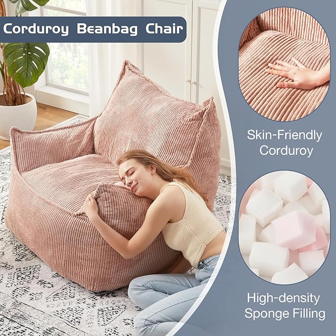 Giant Bean Bag Chair Sofa for Adults Teens, Comfy Corduroy Large Bean Bag Chairs with Armrests for Bedroom Living Room, Adult BeanBag Lazy Sofa Couch Chairs with Filler Included